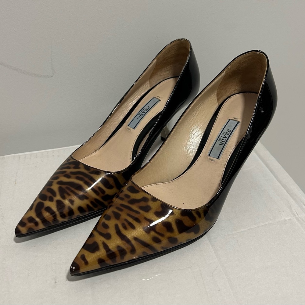 Prada Leopard Print Patent Leather Pointed-Toe Pumps with Black Heel